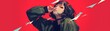 © Helfin - Portrait illustration of short-haired girl wearing jacket posing on red background, vibrant pop anime illustration, background with 32:9 ratio size