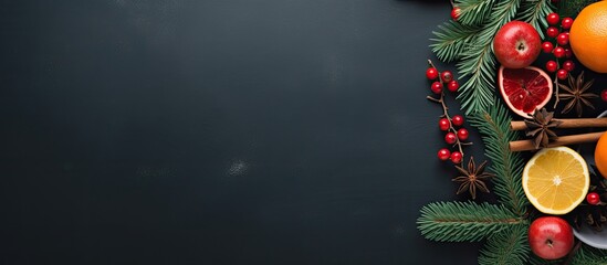 Aufkleber - Christmas composition on dark abstract background Flat lay top view with copy space