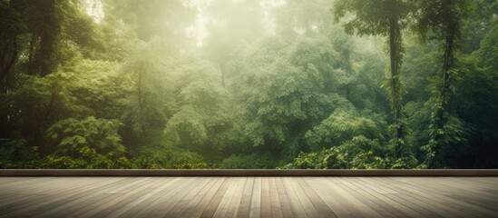 Poster - Empty perspective room with blurred green tree forest and wooden plank floor Template mock up for display of your product. copy space available