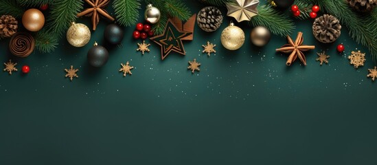 Aufkleber - Christmas composition happy new year greeting banner Fir branches and wooden christmas toys on a green background Zero waste eco friendly concept Flat lay top view copy space