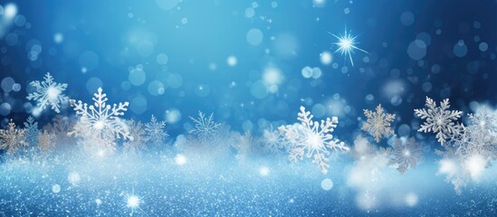 Aufkleber - A festive Christmas decor featuring silvery snowflakes on a blue shiny background providing a perfect copy space image
