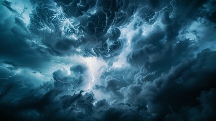 Canvas Print - A captivating image of a stormy sky captured from a high angle, showcasing dark, swirling clouds illuminated by powerful flashes of lightning