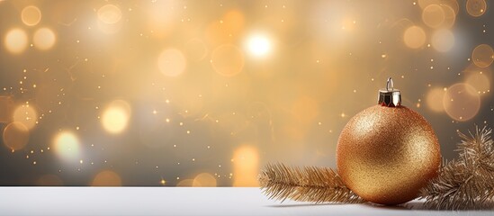 Aufkleber - Golden ball on decorated Christmas tree with blurred lights bokeh Wide panoramic holiday banner with white copy space