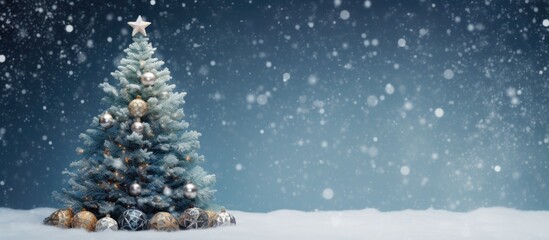 Aufkleber - Beautiful snowy Christmas tree against blue background with beautiful ornaments for the holidays. copy space available
