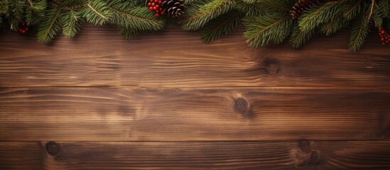 Poster - Christmas decoration with fir branches on wooden table Christmas holiday celebration and new year concept Copy space and Top view