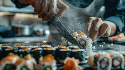 A close-up photo of a chef skillfully slicing fresh sushi rolls with a sharp knife. Vibrant colors of the sushi ingredients are highlighted in this professional kitchen setting