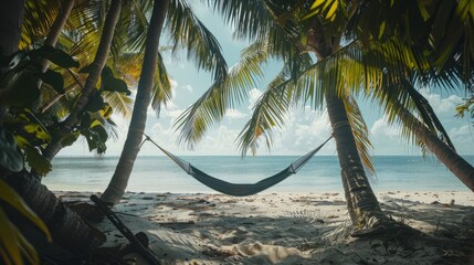 A peaceful scene of a hammock suspended between two palm trees on a pristine beach