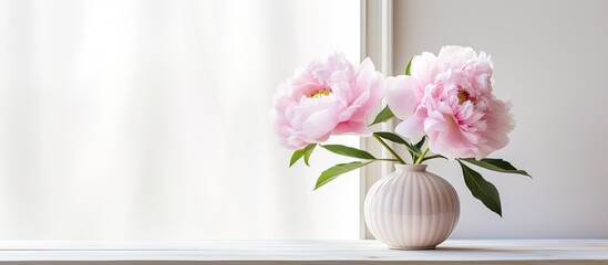 Wall Mural - A vintage toned image of a pink peony flower in a vase against a white background of a cozy home providing copy space for your text