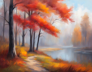 Wall Mural - Colorful autumn landscape. Fall season with red and orange trees. Beautiful painting of an outdoor scenery. 