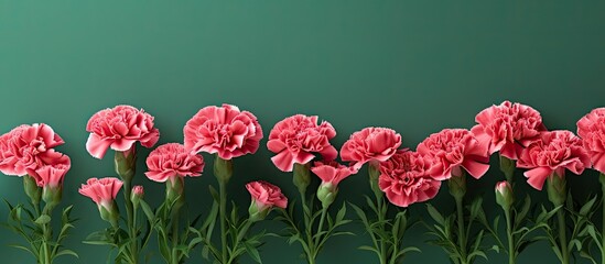 Poster - carnation flowers on green paper background. copy space available