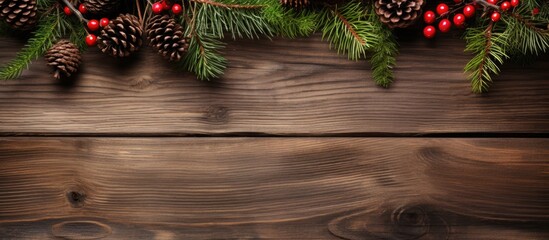 Aufkleber - Christmas background with fir branches pinecones and berries on the old wooden board in vintage style. copy space available