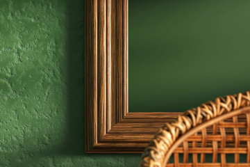 Wall Mural - A 3D rendering of a close-up mockup frame in a green living room interior, featuring wooden rattan furniture