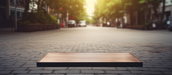 Blank standing sign with copy space for text message or mock up content in abstract blur background of car parking on street