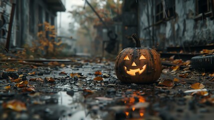 Wall Mural - A glowing Jack-o'-lantern amidst autumn leaves in a dark, eerie alleyway on a rainy day.