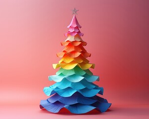 Colorful paper Christmas tree against a pink background, showcasing a vibrant rainbow design with layered textures and a star on top.