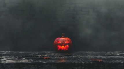 Wall Mural - Glowing carved pumpkin with an eerie face on an old wooden table, set against a mysterious foggy background.