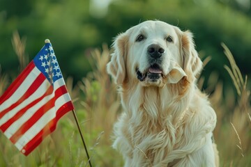 Wall Mural - happy golden retriever dog holding American flag in mouth, Adorable golden retriever dog posing with American flag over outdoors green background 4th july Independence day, Memorial day