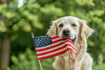 Wall Mural - happy golden retriever dog holding American flag in mouth, Adorable golden retriever dog posing with American flag over outdoors green background 4th july Independence day, Memorial day