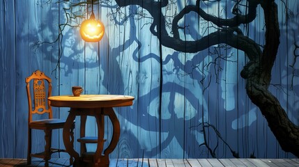 Wall Mural - Halloween night scene with carved pumpkin lantern illuminating a rustic table and chair beside a spooky tree shadow.