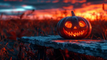 Wall Mural - Glowing jack-o'-lantern on a wooden bench during a vibrant sunset in a rural field.