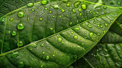 Wall Mural - A close-up macro photograph of a vibrant green tropical leaf showcasing intricate details like veins and water droplets