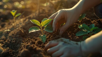 Wall Mural - A pair of hands carefully plants a small sapling into fertile soil, bathed in the warm glow of the setting sun