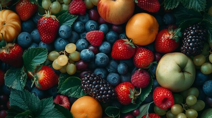 Wall Mural - Top view of assorted summer fruits with green leaves