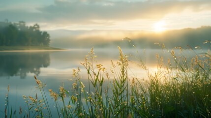 Wall Mural - A low-angle perspective of tall grasses and wildflowers on a lakeshore with mist rolling over the water at sunrise