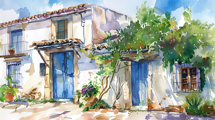 Wall Mural - A house with a blue door and a white roof