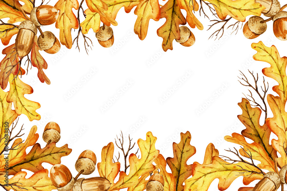 watercolor horizontal frame with autumn oak leaves and seeds, hand ...