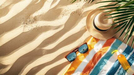 A beach towel, sunglasses, sunscreen, and a hat are laid out on the golden sand of a beach. Palm leaves are visible in the top right corner