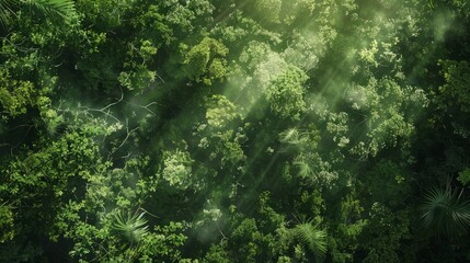 Wall Mural - An overhead view of a dense forest canopy with sunlight filtering through the leaves, creating a natural green background