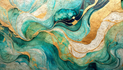 Marbled paper texture in blue, green, and gold with fluid, wavy design, bookbinding, stationery, decorative background.