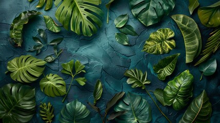 Wall Mural - An overhead photo showcasing a vibrant arrangement of tropical leaves on a teal surface. The leaves are placed in an artistic composition, creating a captivating visual