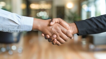 Wall Mural - Two businesspeople shake hands in a modern office boardroom. The photo is taken from an over-the-shoulder perspective, focusing on their clasped hands