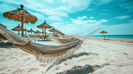 Wall Mural - A row of hammocks gently sway in the sea breeze along a sandy beach, providing a tranquil escape from the summer heat
