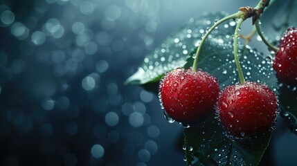 Wall Mural - Red ripe cherries with dew drops on a dark background