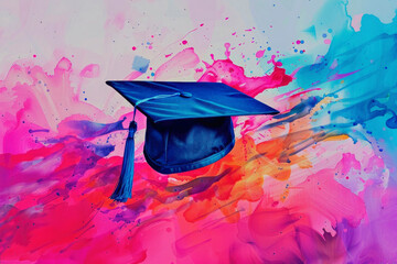 Sticker - graduate hat,abstract watercolor background,strokes and splashes of paint,empty space for text,graduation designer,artist