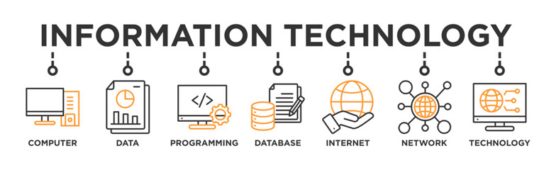 Information technology banner web icon vector illustration concept with icon of computer, data, programming, database, internet, network, and technology 