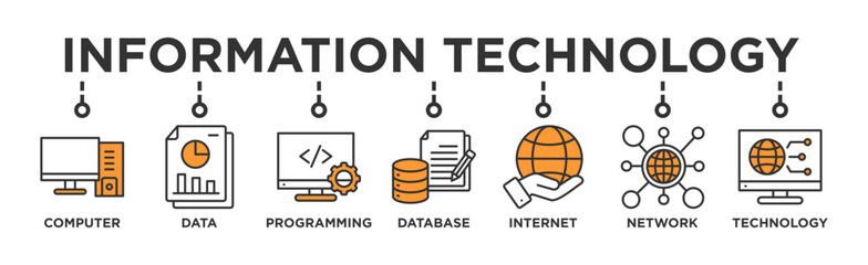 Information technology banner web icon vector illustration concept with icon of computer, data, programming, database, internet, network, and technology 