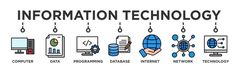 Information technology banner web icon vector illustration concept with icon of computer, data, programming, database, internet, network, and technology 
