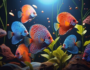 Wall Mural - A group of colorful discus fish are swimming in an aquarium, with some floating at the bottom and others near water plants