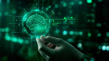 close-up, hand with a virtual screen with a green head icon with brains, projection of intelligence, wealth and earnings