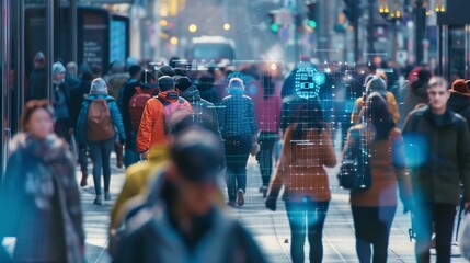 Leinwandbilder - CCTV AI Facial Recognition Camera Zoom in Recognizes Person Elevated Security Camera Surveillance Footage Face Scanning of a Crowd of People Walking on Busy Urban City Streets Big Data : Generative AI
