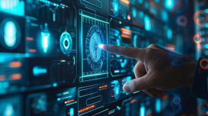 Leinwandbilder - Biometric security system Man uses thumb to access data Access permission system on screen cyber security innovation technology : Generative AI