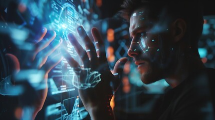 Leinwandbilder - The man gains access to the personal information of the holograms with fingerprint identification Modern technologies cloud data storage : Generative AI