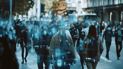 Leinwandbilder - Face recognition and personal identification technologies in street surveillance cameras law enforcement control crowd of passersby with graphic elements Privacy and personal data prot : Generative AI