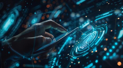 Aufkleber - Businessman using fingerprint smartphone business and financial data with virtual graphic data information diagram network connectionbiometrics security innovation technology against d : Generative AI
