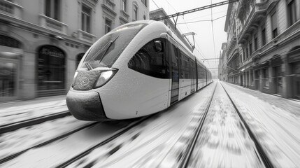 Canvas Print - Experiment with long exposures to capture the fluid movement of a fast-moving tram as it navigates tight turns and sharp