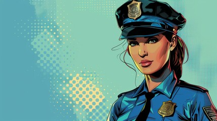 Wall Mural - Vector illustration of female police officer. Comic book.